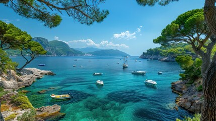 Panoramic Sea View with Boats and Capri Island, Lush Green Pine Trees, Blue Sky and Azure Waters - obrazy, fototapety, plakaty