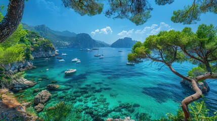 Fototapeta na wymiar Panoramic Sea View with Boats and Capri Island, Lush Green Pine Trees, Blue Sky and Azure Waters