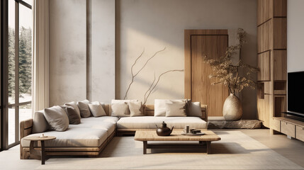 Obraz premium Japandi style interior design of modern living room with stucco wall. Generative AI