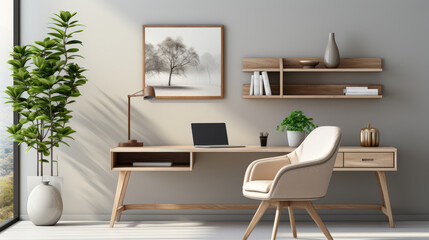 Modern home office with wooden desk and office chair against of white wall. Scandinavian interior design of modern living room with comfortable workplace. Generative AI