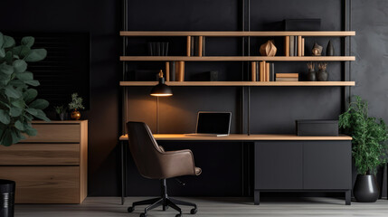 Workplace with wooden desk and black chair against of black wall with shelving unit. Interior design of modern scandinavian home office. Generative AI