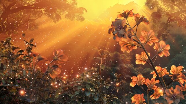 A digital print of a golden hour landscape with a jatropha plant growing prominently in the foreground. The plants leaves and flowers appear to be made of glittering jewels creating .