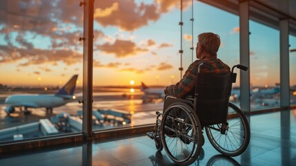 Disabled Man Gazing Out Airport Window from Wheelchair