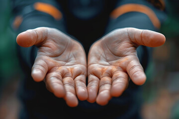 Hands, charity and support with person begging for help and gratitude closeup for humanity to share. Community, poverty and donation with palms asking for aid, compassion or kindness to thank you - obrazy, fototapety, plakaty