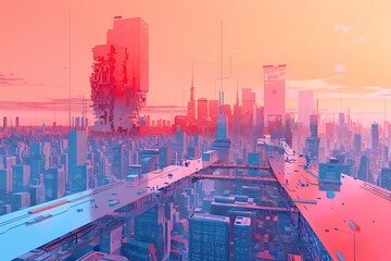 : A surreal and abstract cityscape, with a twisted perspective, set against a calming gradient color palette