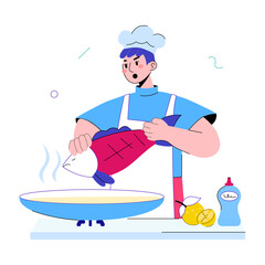 Trendy doodle mini illustration depicting fish cooking 