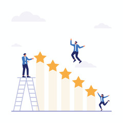 People climbing the ladder through the sky and leaving best satisfaction level and five stars rating flat illustration isolated on white background