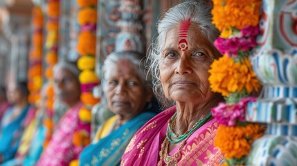 Colorful Indian Women at Temple in Traditional Sari Attire