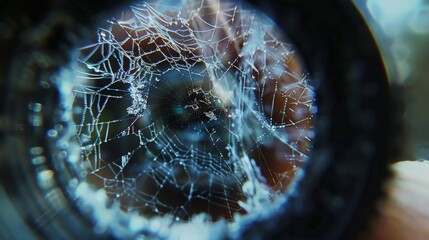 A closeup shot through the viewfinder captures the intricate patterns of a spiders web as the photographer marvels at the natural beauty of the tiny world within the lens. . - obrazy, fototapety, plakaty