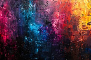 : A vibrant and textured abstract painting, with a contrasting background, set against a dark, single-color backdrop