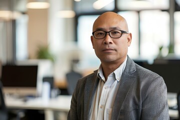 Fototapeta premium a clean shaven asian chief technology officer. office background. generative AI