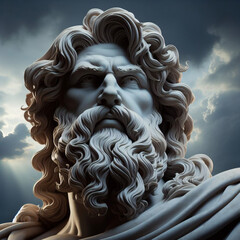 Illustration of a Renaissance statue of Zeus, king of the gods. god of sky and thunder. Zeus the king of the Greek gods ready to hurl lightning bolts down upon the earth and mankind. - obrazy, fototapety, plakaty