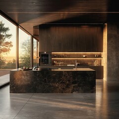 a modern and slick kitchen black matte with a Marazzi Elegant Black Island and a sink made out of carved stone 1 in Finland 1 at sunset 1 recessed  - obrazy, fototapety, plakaty