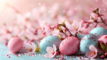 Easter Delights: Colorful Chocolate Eggs with Cherry Blossoms - Stylish Flat Lay Background for Greeting Cards or Banners