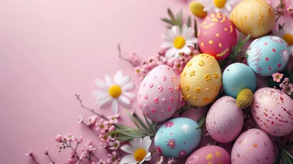 Fototapeta na wymiar Joyful Easter Celebration with Vibrant Eggs Banner