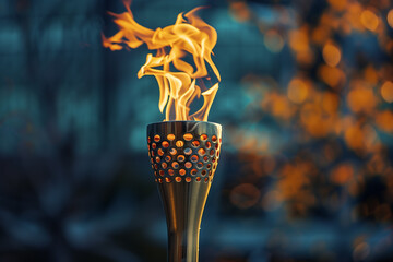 Flame burns in Olympic torch against blurred sports arena