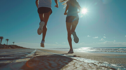 A sunny day on the beach is enlivened by a running couple immersed in their training ritual, inspiring a sense of freedom and energy.