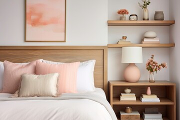 Elegant Bedroom with Abstract Art and Wood Accents