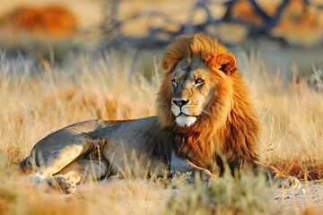 African lion, Etosha Park, Namibia. Big male African lion (Panthera leo) lying in the grass, Etosha National Park, Namibia, southern Africa - obrazy, fototapety, plakaty