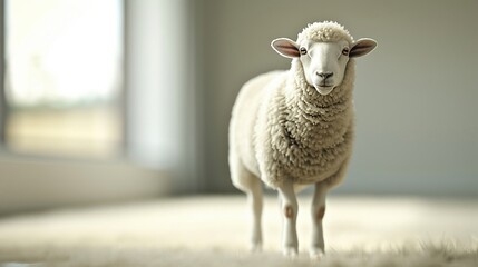 a white sheep is standing in a empty room - obrazy, fototapety, plakaty
