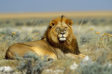 African lion, Etosha Park, Namibia. Big male African lion (Panthera leo) lying in the grass, Etosha National Park, Namibia, southern Africa