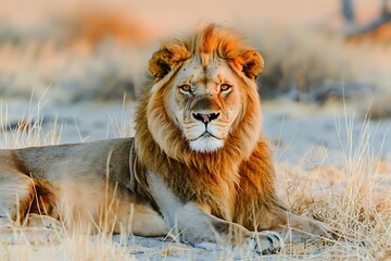 African lion, Etosha Park, Namibia. Big male African lion (Panthera leo) lying in the grass, Etosha National Park, Namibia, southern Africa - obrazy, fototapety, plakaty