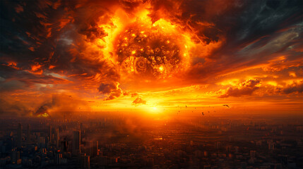 An AI generative image of red fire in the sky at a city. Armegeddon and doomsday concept. - obrazy, fototapety, plakaty