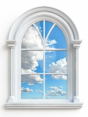 an old wooden arched top window frame, white looking out onto a blue sky with fluffy white clouds a little ornate isolated on a solid white background 
