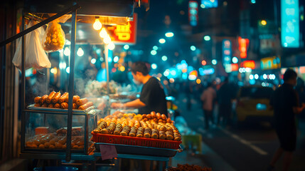 A vibrant image of a street food vendor busily preparing traditional food on a bustling city street lit by glowing lights at night