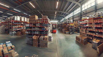 The landscape of the warehouse space is revealed in a panoramic picture: high shelves stacked with goods and numerous stackers and loaders, each of which performs its task in this choreography 