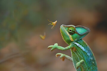 Back flapped chameleon catching cricket .