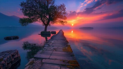 Tranquil Lakeside Sunset Reflected on Wooden Dock under Vibrant Sky at Dusk
