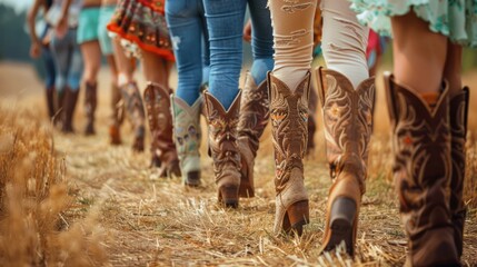Country Line Dancers' Boots and Legs in Action - obrazy, fototapety, plakaty