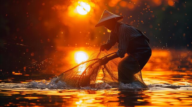 Fisherman in a boat at sunset casting his net in the water to catch fish