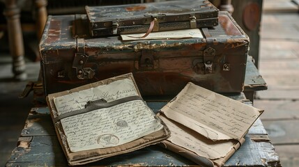 Vintage Suitcase with Letters and Documents on Wooden Floor, Nostalgic and Mysterious Setting - obrazy, fototapety, plakaty