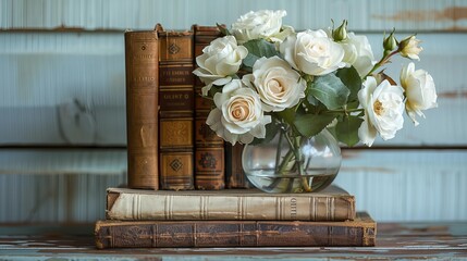 Delicate white roses in a glass vase with old books on a wooden table