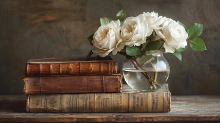 Delicate white roses in a glass vase on a wooden table with books