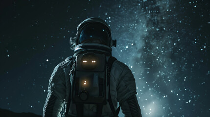 Naklejka premium The outline of the astronaut against the background of the endless darkness of space emphasizes his loneliness and dedication to the goal, creating the impression of heroism and determination.