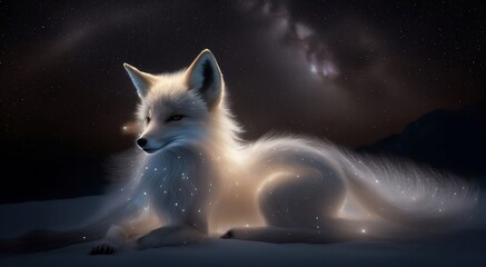 A delicately shimmering astral fox, ethereal fur glowing softly against a dark backdrop. 