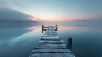 Foto auf Acrylglas Wooden dock extending over a misty lake towards a beautiful sunrise © RECARTFRAME CH