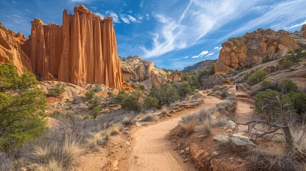 Winding trail through towering canyon with stunning natural rock formations and arches - obrazy, fototapety, plakaty