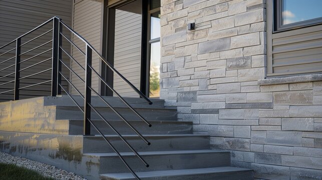 Closeup of a prefabricated staircase showcasing the prebuilt steps and railings that can be easily connected and adjusted to fit the desired height and design specifications. .