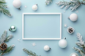 Christmas minimal concept  Christmas snowy decoration on pastel blue background Pine branch and cone, bauble and abstract snowball Square composition, flat lay White paper frame with copy space - obrazy, fototapety, plakaty