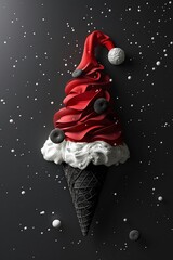 Christmas minimal concept  santa claus creative minimal on black background Santa claus hat made of black ice cream cone and snowball Stylish christmas creative minimal idea Snowfall pattern