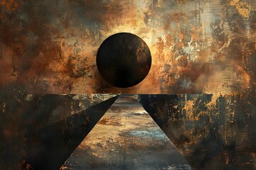 A painting of a black sphere on a canvas with a yellow background. The painting has a dark and moody atmosphere - obrazy, fototapety, plakaty