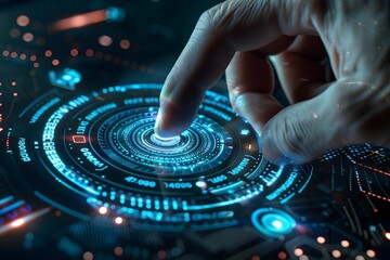 A hand is pressing a blue button on a screen. The button is surrounded by a circle of numbers and letters. Concept of technology and digital interacti