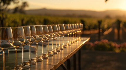 Wine glasses lined up in a row in a vineyard during sunset, showcasing the beautiful golden light and depth of field - Powered by Adobe