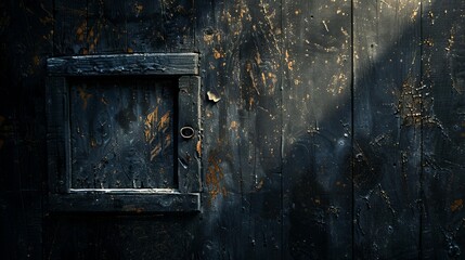 Old Black Wooden Door Covered in Peeling Paint and Cobwebs in Abandoned Building