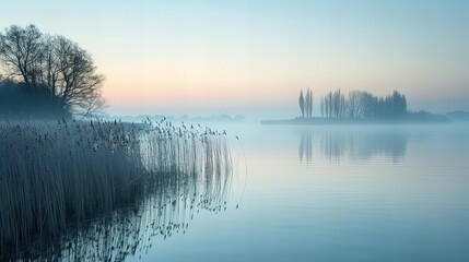 Misty lake at dawn with sun rising over the horizon and trees reflected in the water