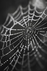 Macro shot of a spider web with water droplets creating a jewel-like effect contrasting against a blurred black background - obrazy, fototapety, plakaty